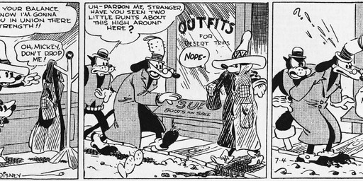 anthro bottomwear bowler_hat clothed clothing dialogue eyewear female fingers footwear glasses gloves group handwear hat headgear headwear male open_mouth outside pants shoes sombrero text top_hat floyd_gottfredson roy_nelson disney public_domain mickey_mouse minnie_mouse pegleg_pete pete_(disney) sylvester_shyster canid canine canis domestic_cat domestic_dog felid feline felis mammal mouse murid murine rodent 1930 20th_century absurd_res ancient_art black_and_white dated english_text hi_res long_image monochrome signature wide_image