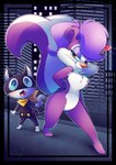 anthro belt big_tail black_body black_fur blue_eyes blush bow_ribbon city eyelashes female fur gate kerchief male markings mask pink_nose tail tail_markings white_body white_fur vaporotem atlus megami_tensei persona_(series) persona_5 sega tiny_toon_adventures warner_brothers fifi_la_fume morgana_(persona) domestic_cat felid feline felis mammal mephitid skunk tuxedo_cat crossover hi_res