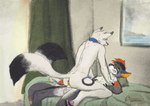 anthro anthro_on_anthro anthro_penetrated anthro_penetrating anthro_penetrating_anthro bed cowgirl_position from_front_position furniture leash male male/male on_bottom on_top painterly penetration sex gaertan canid canine fox mammal digital_media_(artwork) digital_painting_(artwork) digital_watercolor_(artwork) hi_res krita_(artwork)