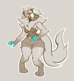 anthro barefoot big_tail bottomwear breasts clothing denim denim_bottomwear denim_clothing denim_shorts ear_piercing ear_ring electronics feet female fluffy fluffy_tail grey_background headphones hoop_ear_ring machine navel neck_tuft painted_claws piercing ring_piercing shorts simple_background small_waist smile solo tail thick_thighs tuft wide_hips honiart protogen 2025 absurd_res digital_drawing_(artwork) digital_media_(artwork) full-length_portrait hi_res portrait