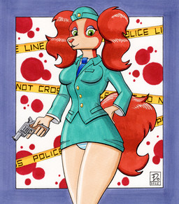 anthro barricade_tape blood blood_splatter bodily_fluids bottomwear clothing female green_eyes gun hand_on_hip handgun hat headgear headwear necktie officer panties police_tape ranged_weapon revolver skirt solo tail underwear weapon dogwash bemani cutie_chaser dance_dance_revolution konami cutie_chaser_dog bird_dog canid canine canis cocker_spaniel domestic_dog hunting_dog mammal spaniel 2025 marker_(artwork) traditional_media_(artwork)