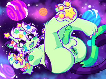 2_tails 3_toes 4_fingers anthro anus areola balls bangs big_breasts black_nose bracelet breasts butt chest_tuft claws clitoral_hood clitoris cosmic_background erection eyebrows feet fingers fur genitals green_anus green_areola green_body green_fur green_nipples green_penis green_vulva hair herm humanoid_genitalia humanoid_penis intersex jewelry looking_away multi_tail multicolored_body multicolored_fur nipples nude open_mouth pawpads paws penis purple_body purple_fur short_hair solo tail teeth toes tuft vein veiny_penis vulva white_eyebrows white_hair yellow_pawpads kingsillysmilez alien!silly_(kingsillysmilez) felid feline hybrid mammal 4:3 hi_res