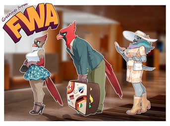 anthro beak bent_over big_breasts blue_eyes bodily_fluids boots bottomwear breasts clothed clothed_female clothed_male clothing dress feathers female footwear fully_clothed fully_clothed_female fully_clothed_male group hand_mirror hat headgear headwear high_heeled_boots high_heels holding_object luggage male mirror neck_tuft purse red_body red_feathers scuted_arms scutes shoes skirt suit suitcase sun_hat sundress sweat tail tail_feathers trio tuft budoti avian bird cardinal_(bird) northern_cardinal oscine passerine absurd_res hi_res
