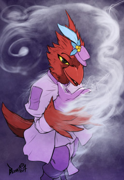 anthro beak clothing coat feathers female fog har looking_at_viewer powers purple_clothing purple_coat purple_topwear red_body red_feathers simple_background solo standing topwear yellow_eyes blokfort avian bird cardinal_(bird) oscine passerine 2025 absurd_res hi_res