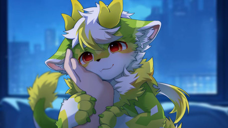 2_horns 4_fingers :t anthro bedroom biped blurred_background blush blush_lines city cityscape claws dragon_horn dragon_tail fingers fluffy fluffy_tail fur green_body green_fur hand_on_cheek hand_on_face horn humanoid_hands inner_ear_fluff inside kemono looking_at_viewer male multicolored_body multicolored_fur night pawpads paws red_eyes smile smiling_at_viewer solo tail tuft white_body white_fur window yellow_body yellow_fur hlg7777 mythology honlem dragon furred_dragon furred_scalie mythological_creature mythological_scalie scalie 2025 digital_drawing_(artwork) digital_media_(artwork) shaded wallpaper