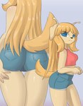 antennae_(anatomy) anthro big_butt black_nose blonde_hair blue_bottomwear blue_clothing blue_eyes blue_shorts bottomwear butt butt_focus clothing crop_top denim denim_bottomwear denim_clothing denim_shorts female fur grey_background hair long_hair midriff multiple_angles no_pupils pink_clothing pink_shirt pink_topwear rear_view shirt shorts side_view simple_background solo tan_antennae tan_body tan_fur tank_top thick_thighs thigh_gap tight_bottomwear tight_clothing tight_shorts topwear yellow_body yellow_fur mr-shin zharar_(mr-shin) alien canid canine canis domestic_dog mammal 2025 hi_res