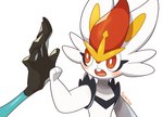 ambiguous_gender blush duo fur open_mouth size_difference small_paws teeth touching_hand white_body white_fur sumiso nintendo pokemon cinderace generation_8_pokemon inteleon pokemon_(species)