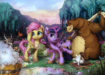bath brown_body brown_fur bubble bucket container detailed_background dirty feathered_wings feathers female feral forest fur group hair horn mud multicolored_hair outside plant purple_body purple_fur purple_hair towel tree two_tone_hair wings assasinmonkey friendship_is_magic hasbro my_little_pony mythology angel_(mlp) fluttershy_(mlp) twilight_sparkle_(mlp) avian bear bird bovid caprine equid equine goat lagomorph leporid mammal mythological_creature mythological_equine pegasus rabbit winged_unicorn 2015 digital_media_(artwork) digital_painting_(artwork) hi_res painting_(artwork) purple_theme