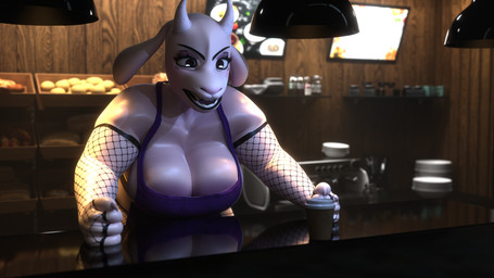 angry anthro apron apron_only big_breasts breasts cleavage clothed clothing coffee_cup container cup female fishnet_clothing fishnet_gloves fishnet_handwear gloves handwear solo strikefrommidnight twilightv0ids_(modeler) deltarune undertale_(series) toriel bovid caprine goat mammal 16:9 3d_(artwork) 4k absurd_res digital_media_(artwork) hi_res huge_filesize widescreen