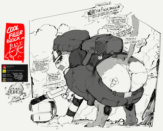 angry anthro backpack band-aid bandage beanie bodily_fluids bottomwear butt butt_cleavage clothing crouching cum cum_on_butt cumshot dark_eyelids denim denim_bottomwear denim_clothing dialogue ejaculation female genital_fluids gun hat headgear headwear jeans looking_back male pants pawpads ranged_weapon silencer solo speech_bubble text weapon neato5 epic_games fortnite meow_skulls absurd_res english_text hi_res monochrome sketch