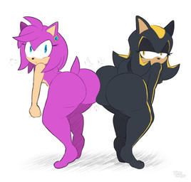 angry anthro ass_to_ass big_breasts big_butt black_body black_fur blue_eyes breasts butt clothing duo ear_piercing ear_ring female footwear fur magenta_body narrowed_eyes nipples nude piercing ring_piercing shoes simple_background tail white_background yellow_eyes bingbingo sega sonic_the_hedgehog_(series) fan_character umbra_the_hedgehog eulipotyphlan hedgehog mammal hi_res