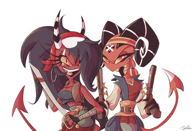 4_fingers alternate_universe belt belt_buckle breasts brown_hair buckle cleavage clothed clothing crop_top dual_wielding duo ear_piercing ear_ring eyebrows eyelashes female fingerless_gloves fingers flintlock_pistol gloves gun hair handgun handwear holding_gun holding_melee_weapon holding_object holding_ranged_weapon holding_saber holding_sword holding_weapon hoop_ear_ring horn intersex jewelry kerchief long_eyelashes long_hair looking_at_viewer markings melee_weapon midriff necklace open_mouth open_smile pendant piercing pirate pirate_outfit pistol pupils ranged_weapon red_eyes ring_piercing saber sharp_teeth shirt simple_background slit_pupils smile spade_tail standing striped_horn stripes sword tail teeth tongue topwear vest weapon white_background yellow_sclera yellow_teeth adam_clowery hellaverse helluva_boss barbie_wire sallie_may_(helluva_boss) demon demon_humanoid horned_humanoid humanoid imp absurd_res english_description hi_res portrait signature trans_(lore) trans_woman_(lore)