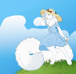 anthro blue_background clothing cloud dress female fluffy fluffy_tail grass hat headgear headwear hill neck_tuft plant simple_background solo tail tuft wind anonimator cukier49 shrubie_(shrubie_fox) arctic_fox canid canine fox mammal true_fox 2d_animation animated better_version_at_source loop