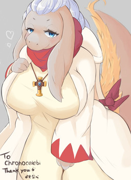 anthro bedroom_eyes big_breasts blue_eyes blush blush_lines breasts closed_smile clothed clothing cross cross_necklace eyebrows eyelashes female fingers floppy_ears glistening glistening_eyes grey_background grey_body grey_tail hair hand_on_chest jewelry long_tail looking_at_viewer lop_ears mouth_closed narrowed_eyes necklace pendant pupils red_scarf ribbons robe scarf seductive simple_background smile smiling_at_viewer solo tail tail_tuft text tuft white_hair white_sclera nojaaaaaaaarori final_fantasy final_fantasy_tactics square_enix white_mage_(final_fantasy) nu_mou 2022 colored digital_media_(artwork) english_text hi_res portrait three-quarter_portrait