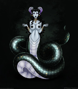 apode black_hair black_lips black_nipples black_sclera blue_body blue_skin breasts dark female gold_(metal) hair jewelry legless lips long_hair nipples non-mammal_breasts nude purple_eyes serpentine solo split_form eliana-asato sephira animal_humanoid draconcopode humanoid lamia reptile reptile_humanoid scalie scalie_humanoid snake snake_humanoid 2014 hi_res