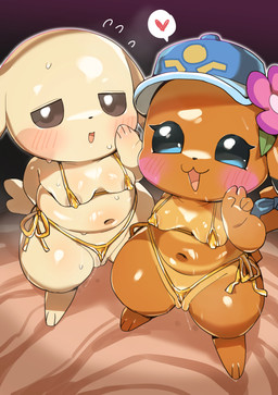3_toes 5_fingers accessory anthro areola areola_slip big_breasts bikini biped bipedal_feral black_nose blue_clothing blue_eyes blue_hat blue_headwear blush blush_lines bodily_fluids breasts brown_eyes clothed clothed_feral clothing dripping duo feet female female_feral feral fingers flower_accessory flying_sweatdrops fur furgonomics genital_fluids genitals gesture glistening glistening_body glistening_eyes hand_gesture hat headgear headwear heart_symbol high-angle_view looking_at_viewer navel open_mouth orange_body orange_fur orange_tail pink_cheeks pussy_floss saliva saliva_string semi-anthro slightly_chubby slightly_chubby_anthro slightly_chubby_female small_nose speech_bubble string_bikini sunburn sweat sweatdrop sweaty_body swimwear tail tail_accessory tan_body tan_fur tan_tail toes tongue two-piece_swimsuit v_sign vaginal_fluid_drip vaginal_fluids vulva yellow_bikini yellow_clothing yellow_swimwear rinrin_(pixiv) nintendo pokemon pokemon_pokopia pokemon_winds_and_waves ms._wavychu peakychu generation_1_pokemon mammal pikachu pokemon_(species) rodent 2026 absurd_res digital_media_(artwork) hi_res