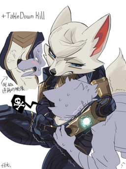 anthro armor black_nose blue_eyes blush bodily_fluids breasts cheek_tuft chokehold cleavage clothed clothing duo eyebrows eyelashes facial_tuft female frown fur glowing hair headlock male markings narrowed_eyes open_clothing open_mouth side_boob simple_background skinsuit smile speech_bubble sweat teeth text tight_clothing tongue tongue_out topwear tuft white_body white_fur white_hair el-k crown_(el-k) canid canine fox mammal absurd_res digital_media_(artwork) english_text hi_res japanese_text translated