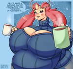 antennae_(anatomy) anthro belly beverage big_belly big_breasts blue_background blue_clothing blue_sweater blue_topwear blush blush_lines bottomwear breasts cleavage cleavage_cutout clothed clothing coffee_mug cutout dialogue eyelashes female grey_bottomwear grey_clothing grey_pants hair holding_object horn huge_breasts open_mouth overweight overweight_female pants pink_hair red_eyes simple_background snow solo speech_bubble steam sweater text topwear drokmars nintendo pokemon millie_(drokmars) generation_3_pokemon marine milotic pokemon_(species) 2023 absurd_res artist_name english_text half-length_portrait hi_res portrait