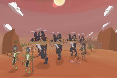 coffle dehorned desert female genital_leash genitals group leash male male/female muzzle_(object) nude slave torture kols alien scalie hi_res
