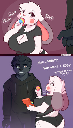 anthro big_butt biped black_clothing bodily_fluids breasts butt clothing dialogue duo easter_egg egg eyelashes female fur holidays larger_male male panties pupils saliva size_difference smaller_female text underwear white_body colarix easter colarix_(fursona) goon_(goonie_san) lagomorph leporid mammal rabbit absurd_res comic english_text hi_res