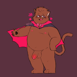 anthro balls belly blush brown_body brown_fur clothing costume fur genitals heart_symbol holidays male nipples overweight overweight_anthro overweight_male penis simple_background solo shyybuchi halloween cookie_(shyybuchi) domestic_cat felid feline felis mammal vampire 1:1 2020 full-length_portrait portrait