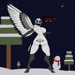 alert anthro big_breasts breasts butt feathers featureless_crotch female looking_at_viewer looking_back night nude plant raised_wings scarf sky snow snowman solo star starry_sky tree white_body white_feathers wings mrferret 99_nights_in_the_forest roblox owl_(99_nights_in_the_forest) avian bird monster owl 1:1 hi_res tagme