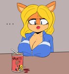 anthro big_breasts blonde_hair blue_eyes breasts clothed clothing ellipsis female hair lips red_lips solo berkthejerk activision crash_bandicoot_(series) spaghettios isabella_bandicoot bandicoot mammal marsupial 2022