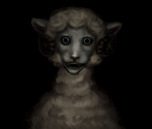 anthro big_pupils blue_eyes creepy dilated_pupils ears_up fur horn looking_at_viewer male nightmare_fuel open_mouth pupils scary solo teeth teeth_showing white_body white_fur white_wool wool_(fur) reynard_goodfellow reynard_the_baa bovid caprine mammal sheep