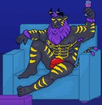 abs anthro biped black_body black_fur blue_sofa bulge clothed clothing detailed_bulge fur furniture genital_outline holding_glass holding_object holding_wine_glass male male_anthro markings on_sofa penis_outline sitting sofa solo striped_body striped_fur stripes topless underwear underwear_only yellow_markings yellow_sclera greensadpixel bastian_b._hemoth digital_media_(artwork) hi_res pixel_(artwork)