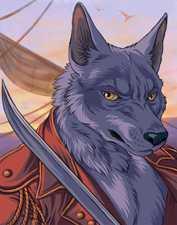 anthro clothing coat fur grey_body grey_fur male melee_weapon solo sword topwear weapon yellow_eyes rukis red_lantern_universe luther_denholme australian_cattle_dog canid canine canis cattledog domestic_dog herding_dog mammal pastoral_dog bust_portrait hi_res portrait