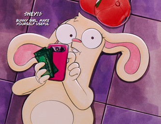 anthro cellphone clothing electronics female hat headgear headwear holding_object holding_phone looking_at_viewer lying money on_back phone smartphone solo surprised text texting drockdraw disney kiff_(series) terri_buns lagomorph leporid mammal rabbit 2026 english_text