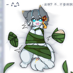 anthro bdsm bondage bound female mummification mummified mummy_wrappings solo struggling stuck text wrapped zongzi felid mammal 1:1 chinese_text hi_res