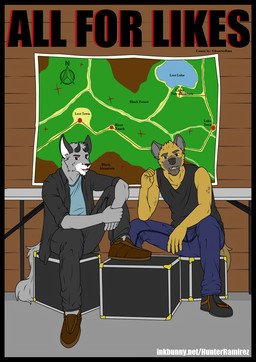 anthro black_border border group male male/male map ghunter hunterramirez nick_(nick73188) canid canine canis demon fox hyena mammal wolf comic cover hi_res