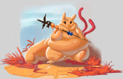 2_toes 3_fingers ambiguous_gender belly big_belly big_tail black_eyes blue_fruit_(rain_world) feet feral fingers food glistening glistening_body grass huge_belly improvised_weapon kebab melee_weapon overweight overweight_ambiguous overweight_feral plant polearm shish_kebab slime_mold_(rain_world) solo spear tail tan_body toes weapon citrusslugcat rain_world videocult gourmand_(rain_world) batfly_(rain_world) slugcat