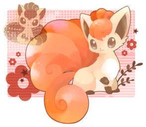 abstract_background ambiguous_gender brown_body brown_eyes brown_fur brown_inner_ear brown_markings curled_tail feral flower fur gloves_(marking) leg_markings logo markings multi_tail multicolored_body multicolored_fur orange_body orange_fur pattern_background plant red_flower simple_background sitting smile socks_(marking) solo star tail tan_body tan_fur text white_body white_fur white_markings michi_runi nintendo pokemon canid canine generation_1_pokemon mammal pokemon_(species) vulpix digital_media_(artwork) japanese_text unavailable_at_source