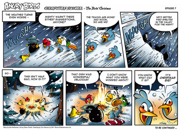 cooking_pot dialogue female fire fireplace forest group interjection log male mitt plant snow text tree winter wood cesar_ferioli angry_birds rovio_entertainment sega bomb_(angry_birds) chuck_(angry_birds) hal_(angry_birds) red_(angry_birds) the_blues_(angry_birds) 2011 comic english_text official_art tagme