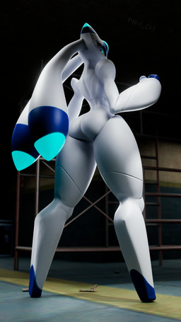 2_horns anthro big_butt big_hands blue_eyes blurred_background butt digitigrade featureless_feet feet female glistening glistening_body glowing glowing_eyes glowing_horn horn inside looking_at_viewer looking_back looking_back_at_viewer not_furry palmorph rear_view solo standing thick_thighs white_body wide_hips type_09 warfaremachine_(modeler) palworld pocketpair lunaris_(pal) pal_(species) 2026 3d_(artwork) 9:16 digital_media_(artwork) full-length_portrait hi_res portrait