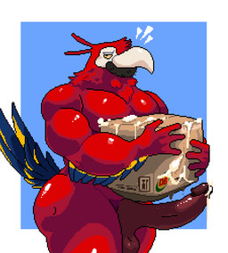 after_masturbation after_orgasm anthro anthrofied balls barazoku beak big_balls big_butt big_penis blue_body blue_feathers bodily_fluids box brazilian butt cardboard cardboard_box container cum cum_container cum_drip cum_in_object cum_inside cum_on_penis curvy_figure db_group db_supermarket dripping feathered_wings feathers fur genital_fluids genitals glistening glistening_body holding_object long_penis looking_back male mascot penis red_body red_fur red_skin simple_background solo sticker stubble thick_thighs tucumano white_beak wings ritcherr avian bird macaw neotropical_parrot parrot true_parrot shaded simple_shading