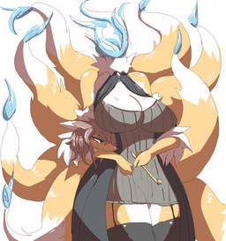 anthro big_breasts breasts cleavage clothed clothing detachable detachable_head female flaming_neck foxfire headless kemono multi_tail tail inumatori european_mythology irish_mythology mythology canid canine dullahan fox mammal aliasing digital_media_(artwork) hi_res japanese_description