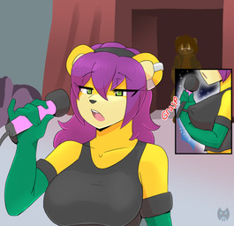 5_fingers accessory anthro anthrofied armwear audience big_breasts breasts clothed clothing ear_piercing elbow_gloves electronics eyewear female fingers fully_clothed fur gesture glasses gloves green_eyes group hair hair_accessory hairband handwear holding_microphone holding_object microphone open_mouth piercing purple_hair raised_finger raised_pinky shirt singing solo_focus stage tank_top topwear yellow_body yellow_fur roadiesky archie_comics sega sonic_the_hedgehog_(archie) sonic_the_hedgehog_(comics) sonic_the_hedgehog_(series) ash_mongoose mina_mongoose herpestid mammal mongoose comic