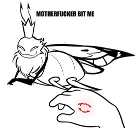 2_antennae 4_legs 4_wings :3 ambiguous_gender antennae_(anatomy) bite_mark black_antennae crown duo eyespots folded_wings head_tuft headgear insect_wings lepidopteran_wings markings mostly_offscreen_character multi_wing narrowed_eyes profanity quadruped ruff smug solo_focus text tuft wings maelinkz disney hoppers_(disney) pixar titus_(hoppers) arthropod butterfly human insect lepidopteran mammal 2026 digital_drawing_(artwork) digital_media_(artwork) english_text hi_res spot_color