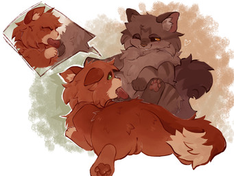 animal_genitalia anus balls bodily_fluids brown_body brown_fur cheek_tuft chest_tuft clitoris countershade_face countershade_torso countershading dipstick_tail disembodied_head drooling duo_focus facial_tuft fellatio female feral fluffy fluffy_tail fur genitals gloves_(marking) green_eyes group head_tuft inner_ear_fluff lying male male/female markings oral orange_eyes pawpads penile penile_spines penis penis_in_mouth questionable_consent red_body red_fur saliva sex sheath sploot spread_legs spreading tail tail_markings tail_tuft tuft vulva conditional_dnp waterthissport warriors_(book_series) brambleclaw_(warriors) squirrelstar_(warriors) domestic_cat felid feline felis mammal tabby_cat 4:3 hi_res shaded