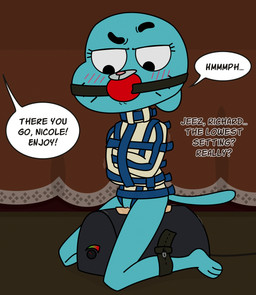 arms_tied ball_gag bdsm blush bondage bottomless bound clothed clothing disappointed female front_view gag gagged genitals legs_tied no_irises no_underwear restraints sex_toy solo speech_bubble straddling straitjacket strapped_down sybian text thoughts variant_set vulva low-down cartoon_network the_amazing_world_of_gumball nicole_watterson 2022 alternate_version_at_source comic english_text hi_res