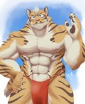 abs anthro biceps bottomwear clothing countershading fur gesture hand_on_hip loincloth looking_at_viewer male muscular muscular_anthro muscular_male nipples pecs simple_background solo stripes underwear waving arvie nekojishi studio_klondike lin_hu felid mammal pantherine tiger 2017 colored digital_media_(artwork)