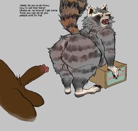 anal_hair anthro anus backsack balls barely_visible_anus bent_over big_butt box brown_tail butt cardboard cardboard_box claws container dialogue duo erection eyebrows fluffy fluffy_tail fur genitals glans grumpy human_on_anthro interspecies male male/male mascot nude nude_anthro nude_human overweight overweight_anthro overweight_male penis pubes striped_body striped_fur stripes tail text thick_eyebrows commonlightbulb goodfood richard_(goodfood) human mammal procyonid raccoon absurd_res english_text hi_res