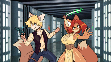 anthro bad_trigger_discipline big_breasts blonde_hair bottomwear breasts brown_body brown_fur cleavage clothed clothed_anthro clothed_female clothed_male clothing cosplay duo female fluffy fluffy_tail fur green_lightsaber gun hair handgun holding_gun holding_handgun holding_lightsaber holding_object holding_pistol holding_ranged_weapon holding_weapon jedi jedi_tunic lightsaber male melee_weapon orange_hair pants pistol ranged_weapon shirt tail topwear vest weapon jamoart star_wars han_solo ian_moone scarlett_(furrybound) canid canine fox mammal 16:9 2026 widescreen