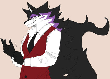 accessory anthro black_body black_clothing black_fur black_gloves black_handwear black_necktie clothing eyewear fur gloves handwear kemono male monocle multicolored_body multicolored_fur necktie purple_body purple_eyes purple_fur putting_on_gloves red_clothing red_topwear red_vest solo topwear vest white_body white_fur tiger_subaru iroha_mugen_(tiger_subaru) canid canine canis mammal wolf