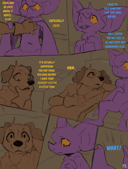 ambiguous_gender anthro bed big_ears blue_text cloak close-up clothed clothing comic_panel dialogue duo furniture lying purple_body text wings yellow_eyes yellow_text conditional_dnp dacad tyler_(dacad) zipper_(dacad) bat canid canine mammal comic english_text hi_res restricted_palette