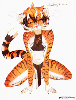 all_fours anthro bedroom_eyes bodily_fluids breasts clothed clothing eyewear female fur glasses hair looking_at_viewer multicolored_body multicolored_fur multicolored_hair narrowed_eyes orange_body orange_fur round_glasses saliva saliva_on_tongue seductive short_hair simple_background small_breasts solo spread_legs spreading striped_body striped_fur stripes tail tongue tongue_out white_background white_body white_fur yabeweny arknights hypergryph studio_montagne waai_fu_(arknights) felid mammal pantherine 2026 digital_media_(artwork) hi_res