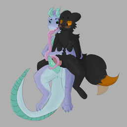 4_fingers 4_toes animal_genitalia anthro anus black_body black_fur black_sclera blush bodily_fluids breasts claws countershade_torso countershading digitigrade dipstick_tail dripping duo erection feet finger_claws fingers fluffy fluffy_tail fur genital_fluids genital_slit genitals herm holding_waist horn intersex intersex/intersex intravaginal_penis long_tail long_tongue looking_at_another looking_down looking_down_at_genitalia looking_down_at_penis maleherm markings nervous nervous_smile nervous_sweat on_lap open_mouth oral orange_blush orange_sclera paw_pose penile penis penises_touching pose precum precum_drip ribbed_penis sex sharp_teeth sweat tail tail_markings tail_motion tailwag tapering_penis teal_penis teeth toe_claws toes tongue tongue_out tonguejob tonguejob_frottage envoyager casualties:_unknown gunsaw canid canine crystal_(gunsawian) expie_(gunsawian) fox gunsawian hybrid mammal reptile scalie 1:1 hi_res maleherm_(lore)